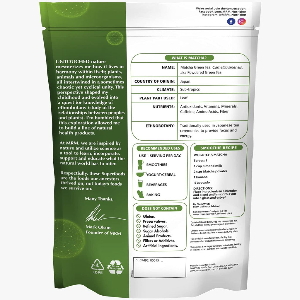 Matcha Green Tea Powder 42 Servings - MRM - Healthspan Holistic