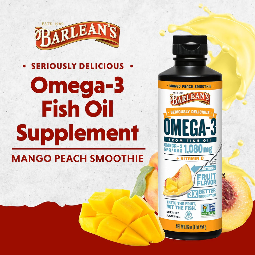 Seriously Delicious Omega-3 Mango Peach Smoothie 16 oz - Barlean’s - Healthspan Holistic