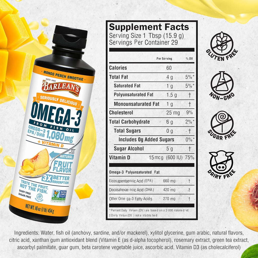 Seriously Delicious Omega-3 Mango Peach Smoothie 16 oz - Barlean’s - Healthspan Holistic