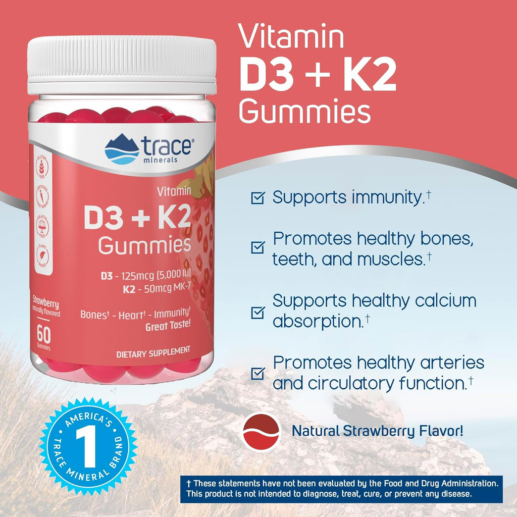 Vitamin D3+K2 Gummies Strawberry 60 Gummies - Trace Minerals - Healthspan Holistic